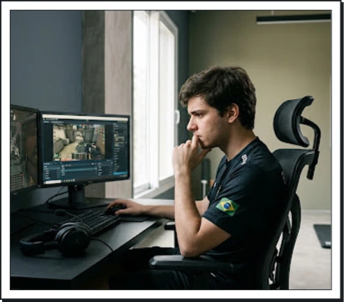 Jogador de esports analisando replays de partidas em dois monitores durante uma sessão de treino.