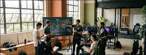 Equipe de esports analisando estratégias de jogo em uma tela interativa durante um treino.